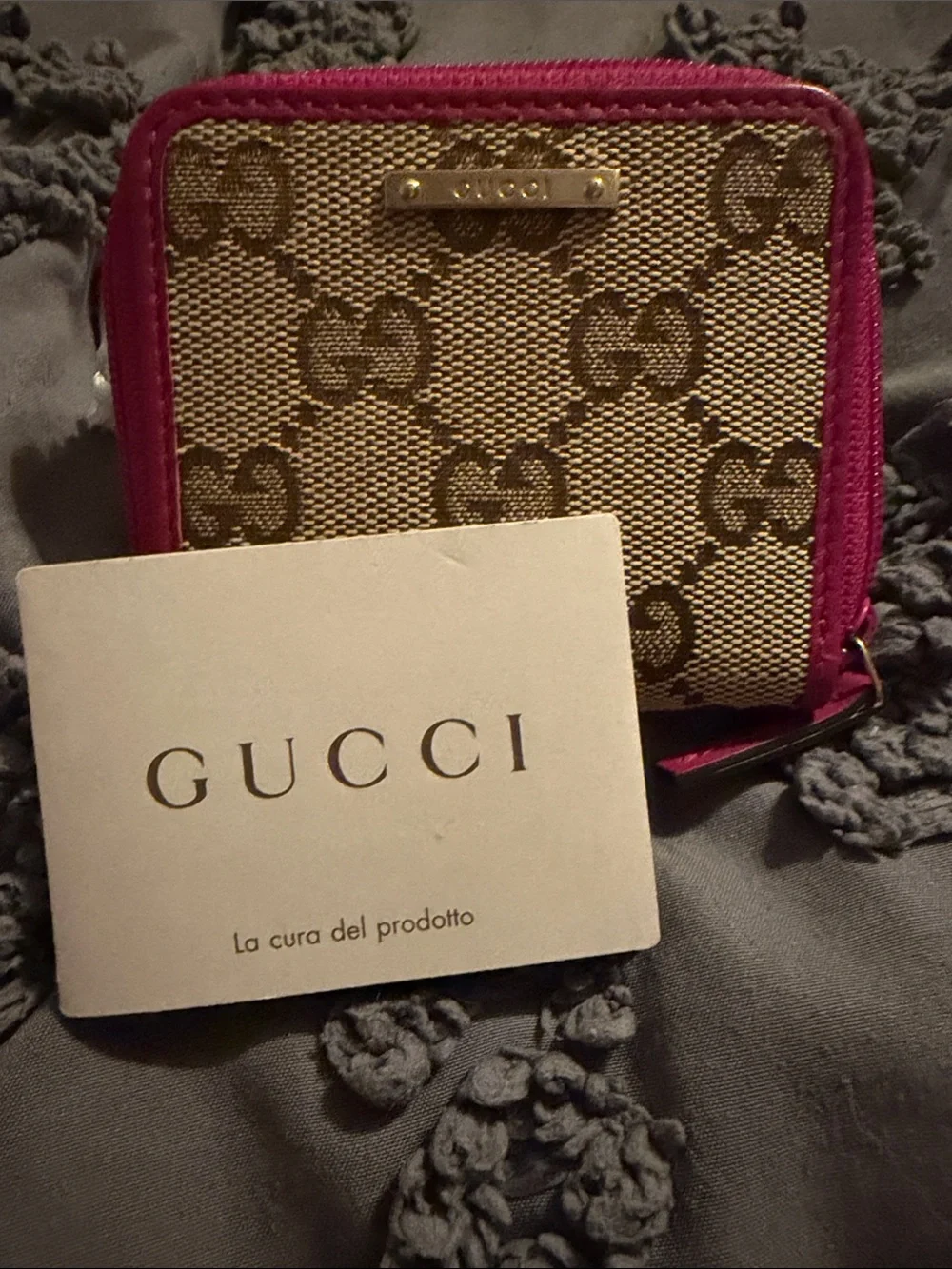 Gucci Beige GG Canvas Coin purse with Pink Trim